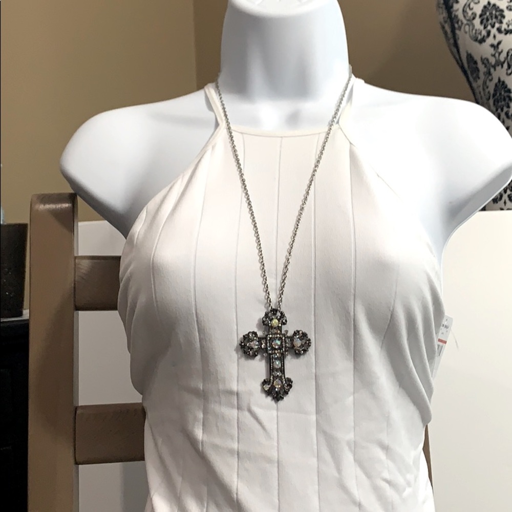 Jeweled Cross Necklace on Silver Chain
